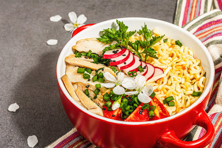 Asian noodles with chicken, vegetables, and herbs in a red bowl. Traditional Japanese soup with...