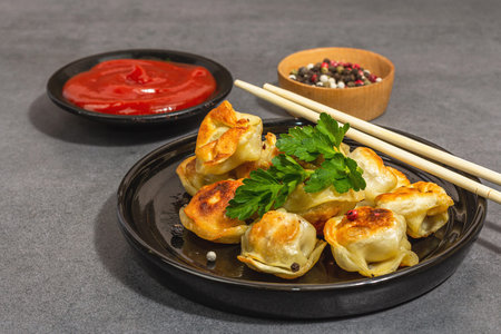 Deep-fried dumplings with tomato sauce and pepper mix. Trendy vegan food, modern hard light, dark...
