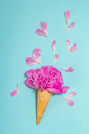 Ice cream waffle cones with peony on blue background. Flower petals, summer concept. Romantic style, festive card, hard light, dark shadow, top viewの写真素材