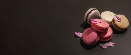 Macarons with peony flower on a black stone background. Sweet dessert, colorful and pastel colors. Romantic style, festive card, flat lay, hard light, dark shadow, banner formatの写真素材