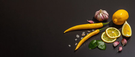 Cooking ingredients background. Spices, vegetables, garlic, yellow peppers chili. Black background,...