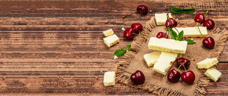 Ripe sweet cherries with fresh mint leaves and white chocolate, traditional summer fruits. Trendy hard light, dark shadow, vintage napkin. Wooden boards background, banner formatの写真素材