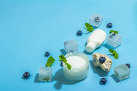 natural skincare. Cream or lotion with organic berries. Blueberry, mint, and ice. Moisturizing and tonic cosmetics concept, flat lay, trendy hard light, dark shadow, blue background, copy spaceの写真素材