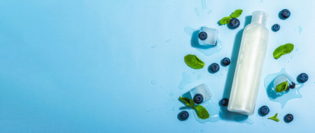 natural skincare. Cream or lotion with organic berries. Blueberry, mint, and ice. Moisturizing and tonic cosmetics concept, flat lay, trendy hard light, dark shadow, blue background, banner formatの写真素材