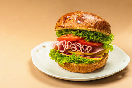Homemade burger with ham. Fresh ingredients, ripe vegetables, fast food. Healthy breakfast concept, trendy hard light, dark shadow. Beige backgroundの写真素材