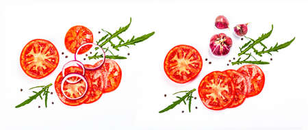 Assorted fresh vegetables and spices isolated on white background. Ripe tomato slices, purple onion, arugula and black peppercorn. Traditional ingredients for cooking healthy food, banner formatの写真素材