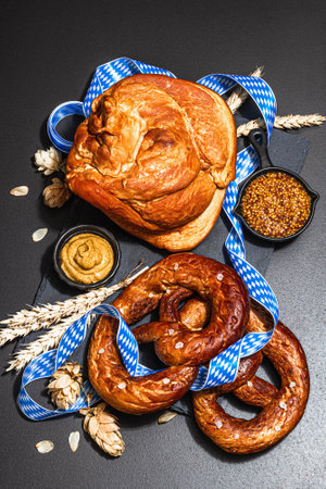 Traditional Oktoberfest set. Pretzels, smoked pork knuckle eisbein with hop. German festival food concept. Trendy hard light, dark shadow, black stone concrete background, top viewの写真素材