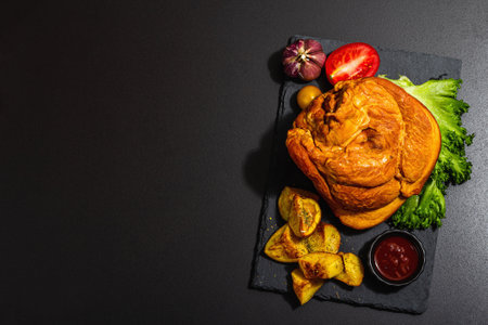 Traditional Oktoberfest smoked pork knuckle eisbein, sauce and baked spices potato. German festival food concept. Trendy hard light, dark shadow, black stone concrete background, top viewの写真素材