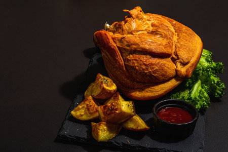 Traditional Oktoberfest smoked pork knuckle eisbein, sauce and baked spices potato. German festival food concept. Trendy hard light, dark shadow, black stone concrete background, copy spaceの写真素材