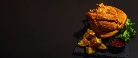 Traditional Oktoberfest smoked pork knuckle eisbein, sauce and baked spices potato. German festival food concept. Trendy hard light, dark shadow, black stone concrete background, banner formatの写真素材