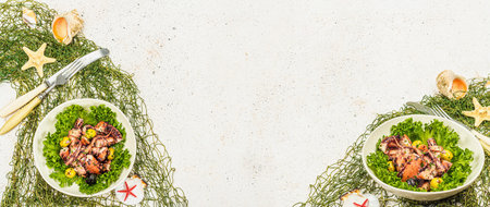 Octopus salad with lettuce, olives and spices in a bowl. Fresh and healthy seafood, marine decor. Trendy hard light, dark shadow, plaster background, banner formatの写真素材