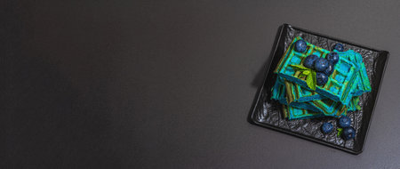 Homemade Belgium Waffles with blueberries. Gluten-free blue dessert, fresh fruits and mint. Trendy hard light, dark shadow. Black stone concrete background, banner formatの写真素材