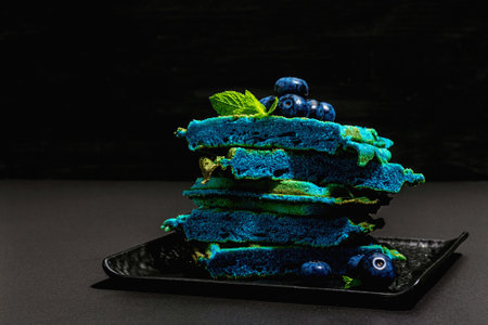 Homemade Belgium Waffles with blueberries. Gluten-free blue dessert, fresh fruits and mint. Trendy hard light, dark shadow. Black stone concrete background, copy spaceの写真素材