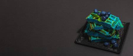 Homemade Belgium Waffles with blueberries. Gluten-free blue dessert, fresh fruits and mint. Trendy hard light, dark shadow. Black stone concrete background, banner formatの写真素材