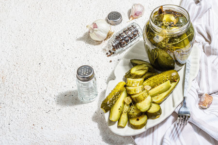 Pickled cucumbers for winter organic food. Jar of homemade gherkins, clean eating, vegan concept....
