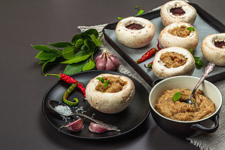 Raw stuffed mushroom caps ready for baking. Fresh champignons, spices, vegetables. Cooking process, trendy hard light, dark shadow. Black stone concrete background, copy spaceの写真素材