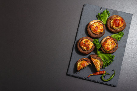 Baked stuffed mushroom caps ready for eating. Champignons, spices, vegetables, cheese. Served portion, trendy hard light, dark shadow. Black stone concrete background, top viewの写真素材