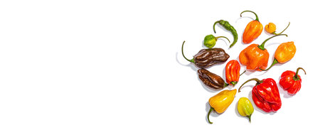 Assortment of colored peppers isolated on white background. Different varieties, trendy hard light,...