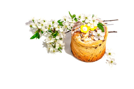 Easter cake Cruffin or sweet bread kulich isolated on white background. Festive baking, trendy hard...