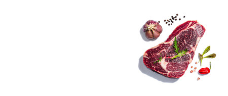 Raw Ribeye steak with spices and herbs isolated on white background. A trendy hard light, dark shadow, flat lay, mockup, template, bannerの写真素材