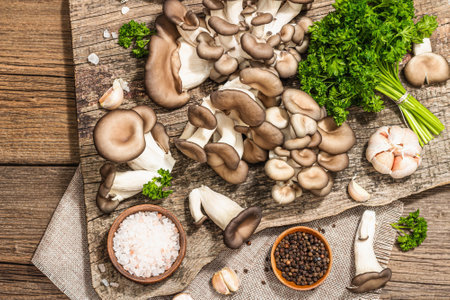 Oyster mushrooms ready for cooking. Fresh parsley, spices and garlic. Trendy hard light, dark shadows, old wooden background, top viewの写真素材