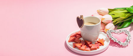 Valentine's Day romantic concept. Morning coffee, a bouquet of tulips, symbolic decor. Soft pink...