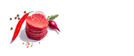 Raw Eye of round steak with spices and herbs isolated on white background. A trendy hard light, dark...