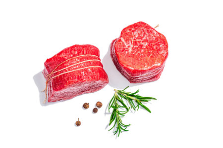 Raw Eye of round steak with spices and herbs isolated on white background. A trendy hard light, dark shadow, flat lay, mockup, template, top viewの写真素材