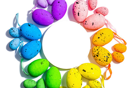 Easter eggs composition with round stand, isolated on white background. Traditional festive symbol,...