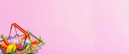 Easter sale concept. Shopping basket with festive symbols - rabbit, eggs, bird, and traditional...