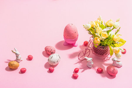 Gentle Easter greeting card with spring flowers, rabbit, eggs and traditional decor. Happy holiday concept, hard light, dark shadow, pink background, copy spaceの写真素材