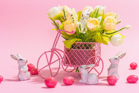 Gentle Easter greeting card with spring flowers, rabbit, eggs and traditional decor. Happy holiday concept, hard light, dark shadow, pink background, close upの写真素材