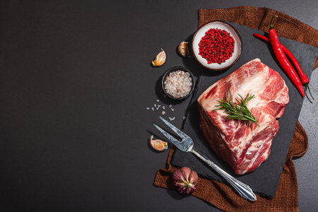 Raw pork loin with spices and herbs. Fresh meat cut, ingredient for cooking protein food, healthy food lifestyle. Trendy hard light, dark shadow, black stone concrete background, top viewの写真素材