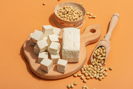 Fresh Tofu cheese with soybeans. Cube pieces, healthy ingredient for vegan lifestyle, modern stand, trendy hard light, dark shadow. Bright orange background, flat lay, close upの写真素材
