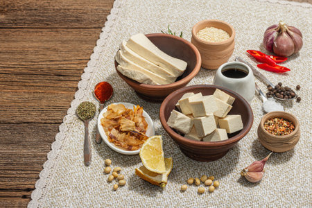 Set of ingredients for preparation Tofu. Fresh diced cheese, spices, herbs and soy sauce. Trendy hard light, dark shadow, vintage wooden background, copy spaceの写真素材
