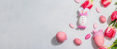 Pink tulips with Easter eggs and rabbits on light stone concrete background. Festive concept,...