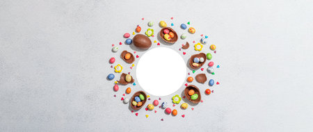 Traditional Easter sweets with eggs, chocolate rabbit, festive edible decor. Wreath with white round...