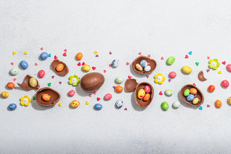 Traditional Easter sweets with eggs, chocolate rabbit, festive edible decor. Children's quest, trendy hard light, dark shadow. Light stone concrete background, flat lay, top viewの写真素材