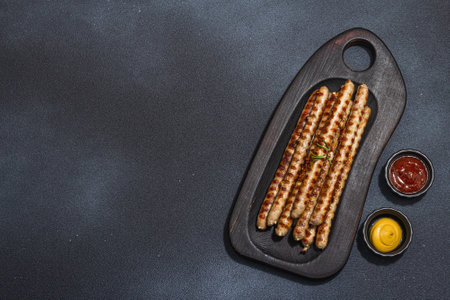 Roasted pork meat sausages on wooden chopping board. Set of sauces, traditional food for picnic or BBQ. Trendy hard light, dark shadow, flat lay, black stone concrete background, top viewの写真素材