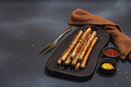Roasted pork meat sausages on wooden chopping board. Set of sauces, traditional food for picnic or BBQ. Trendy hard light, dark shadow, flat lay, black stone concrete background, copy spaceの写真素材