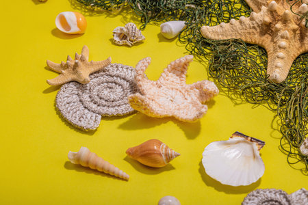 Yellow nautical background with sea shells, starfishes and fishing net. Assorted marine animals, vacation concept. Trendy hard light, dark shadow, flat lay, close upの写真素材