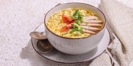 Spicy noodles with beef broth. Hot dish, cutlery, hard light, dark shadow. Stone concrete background, flat lay, banner formatの写真素材