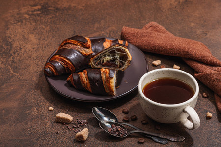 Cup of coffee and chocolate croissants in dark tones. Morning good mood, French breakfast concept. Brown sugar, cutlery, hard light, dark shadow, stone concrete background, copy spaceの写真素材
