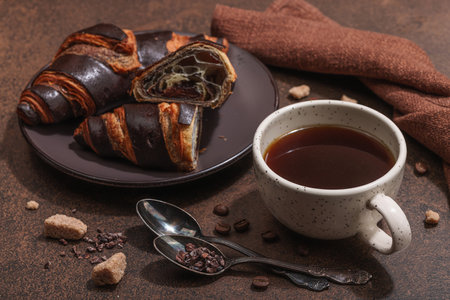 Cup of coffee and chocolate croissants in dark tones. Morning good mood, French breakfast concept. Brown sugar, cutlery, hard light, dark shadow, stone concrete background, close upの写真素材