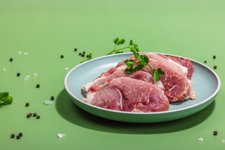 Pieces of pork meat with parsley on gray dish, raw fresh steaks concept. Sea salt, spices, hard light, dark shadow. Spring green background, flat lay, copy spaceの写真素材