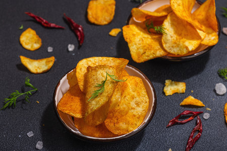 Bowls of homemade potato chips served with chili pepper, parsley, seal salt on black stone concrete background. Trendy hard light, dark shadow, close upの写真素材