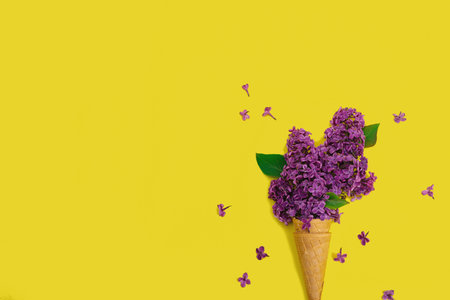 Violet lilac flowers in waffle ice cream cones on yellow background. Flat lay, traditional spring concept, greeting card, top viewの写真素材