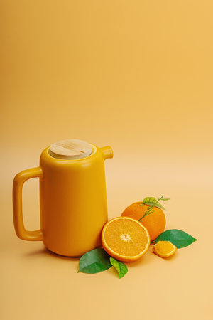 Orange tea in ceramic tea pot with ripe fruits. Refreshment seasonal drink, conceptual background with green citrus leaves. Modern style, selective focus, copy spaceの写真素材