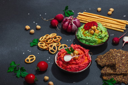 Various hummus dips, fresh vegetables and herbs. Crispy bread snacks, modern vegan healthy food. Hard light, dark shadow, black stone concrete background, copy spaceの写真素材