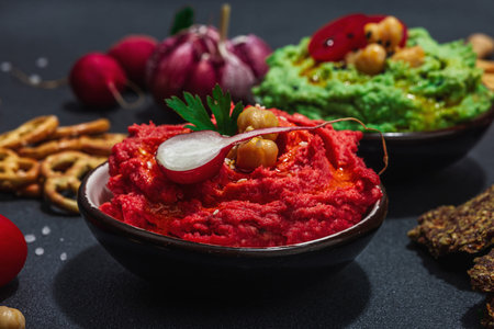 Various hummus dips, fresh vegetables and herbs. Crispy bread snacks, modern vegan healthy food....